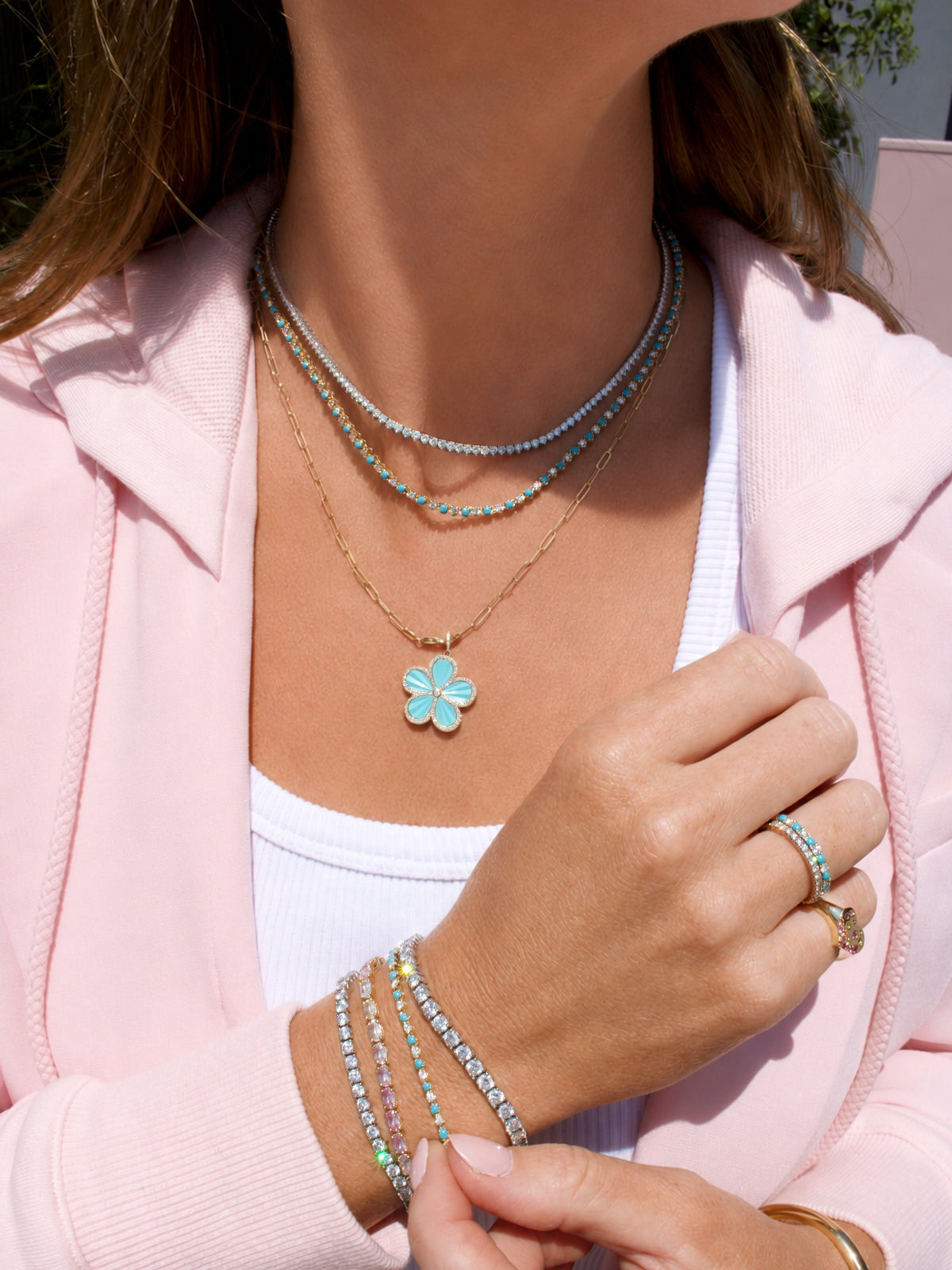Tara Alternating Turquoise and Diamond Tennis Necklace 14K