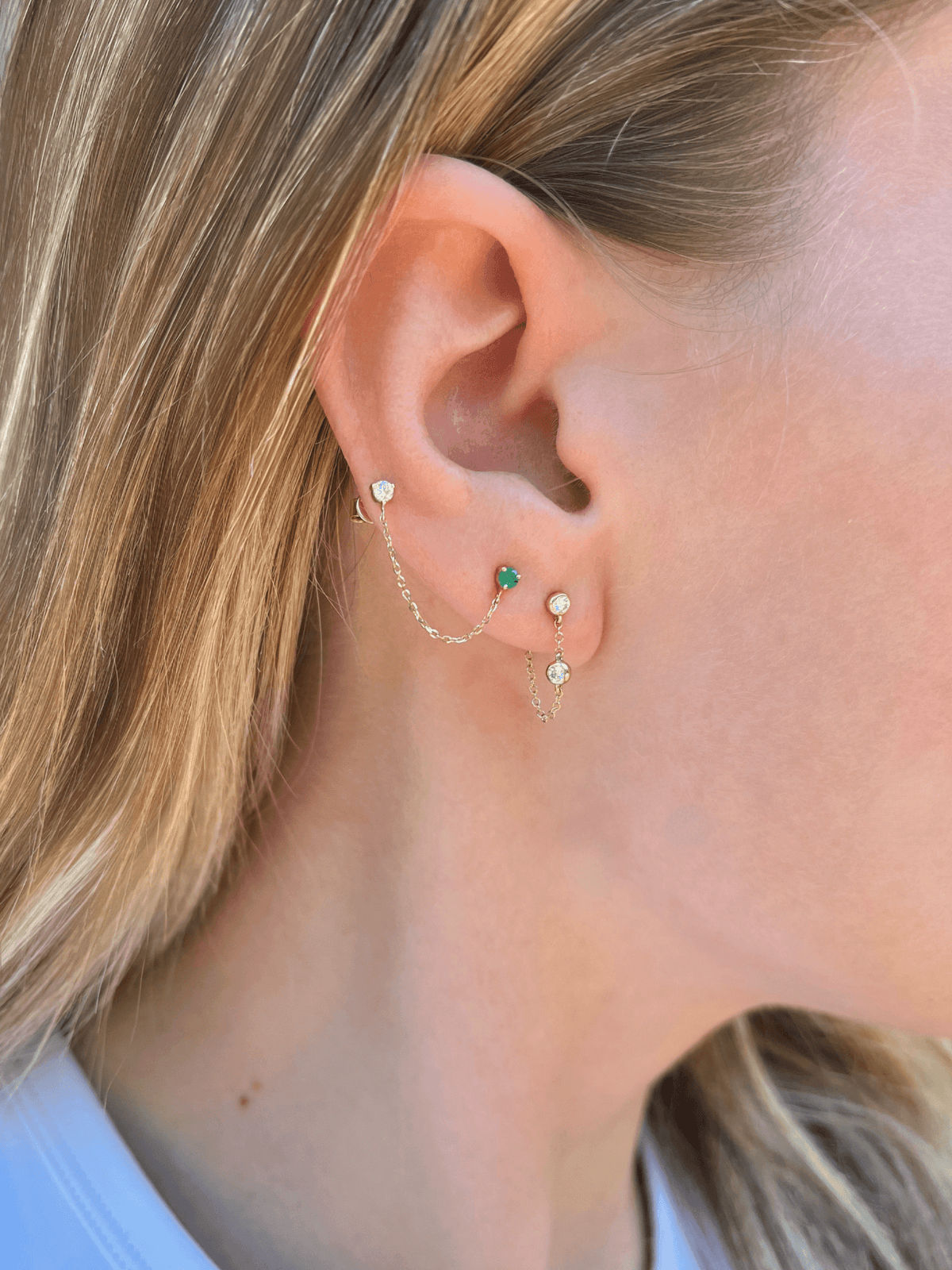 Alex Double Stud Emerald Chain Earring 14K - LeMel