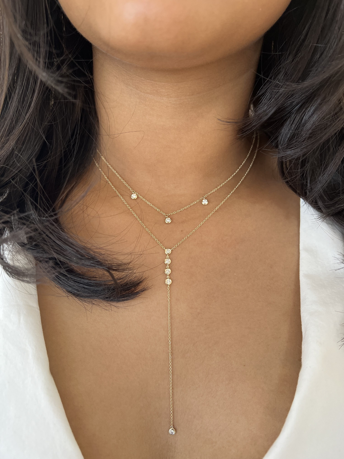 Bezel Diamond Lariat Necklace 14K