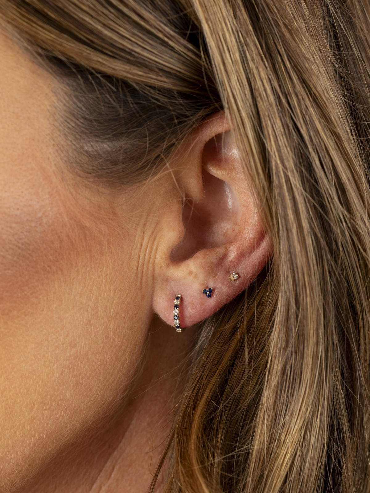 Teeny Blue Sapphire Trio Stud Earring 14K