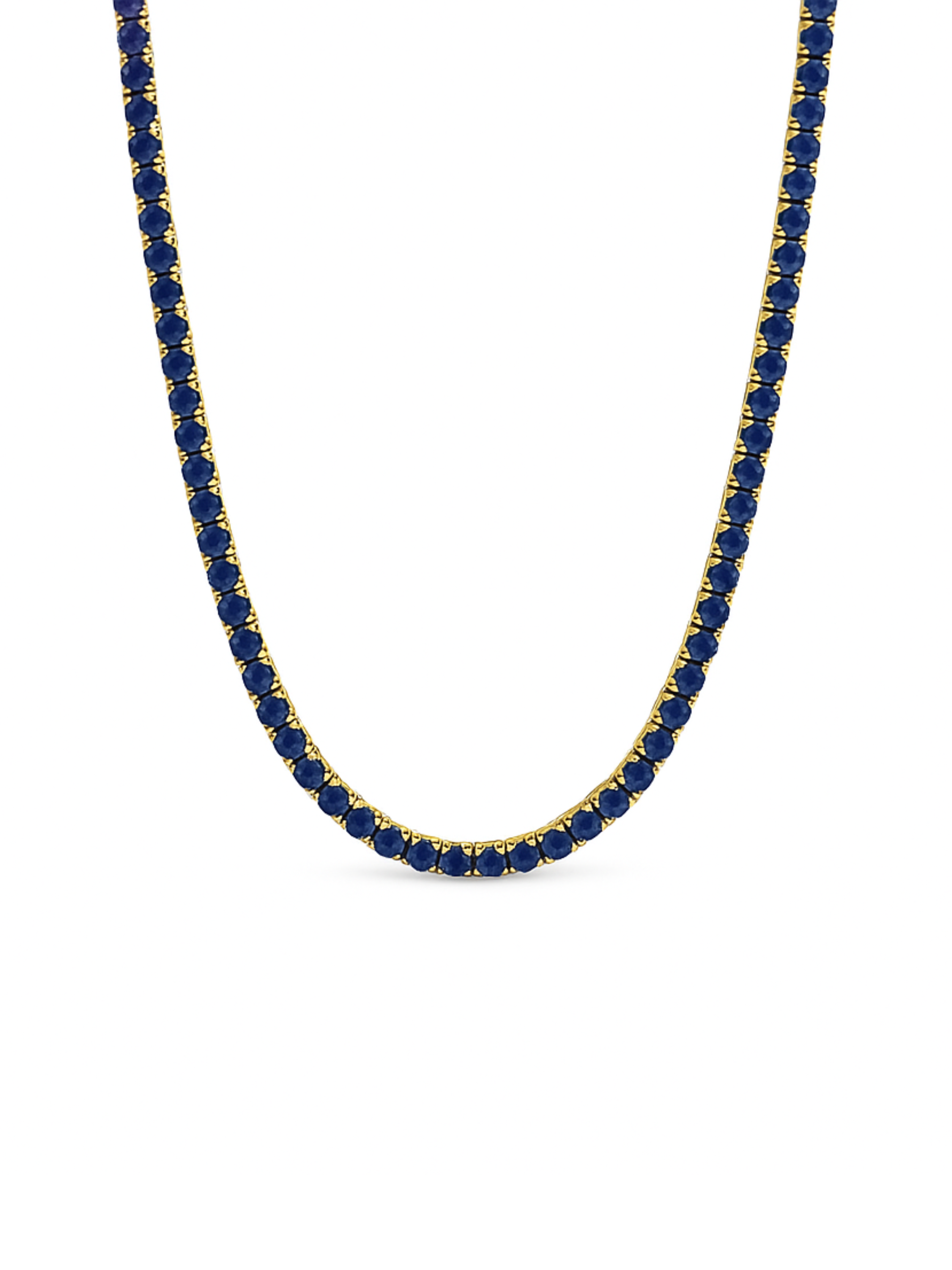 Necklace with blue cz stones and gold accents on a white background