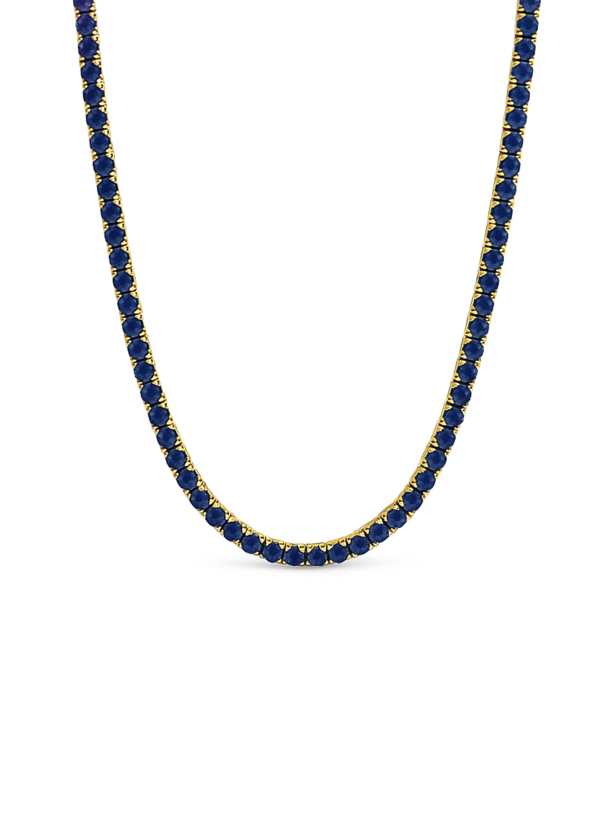 Necklace with blue cz stones and gold accents on a white background