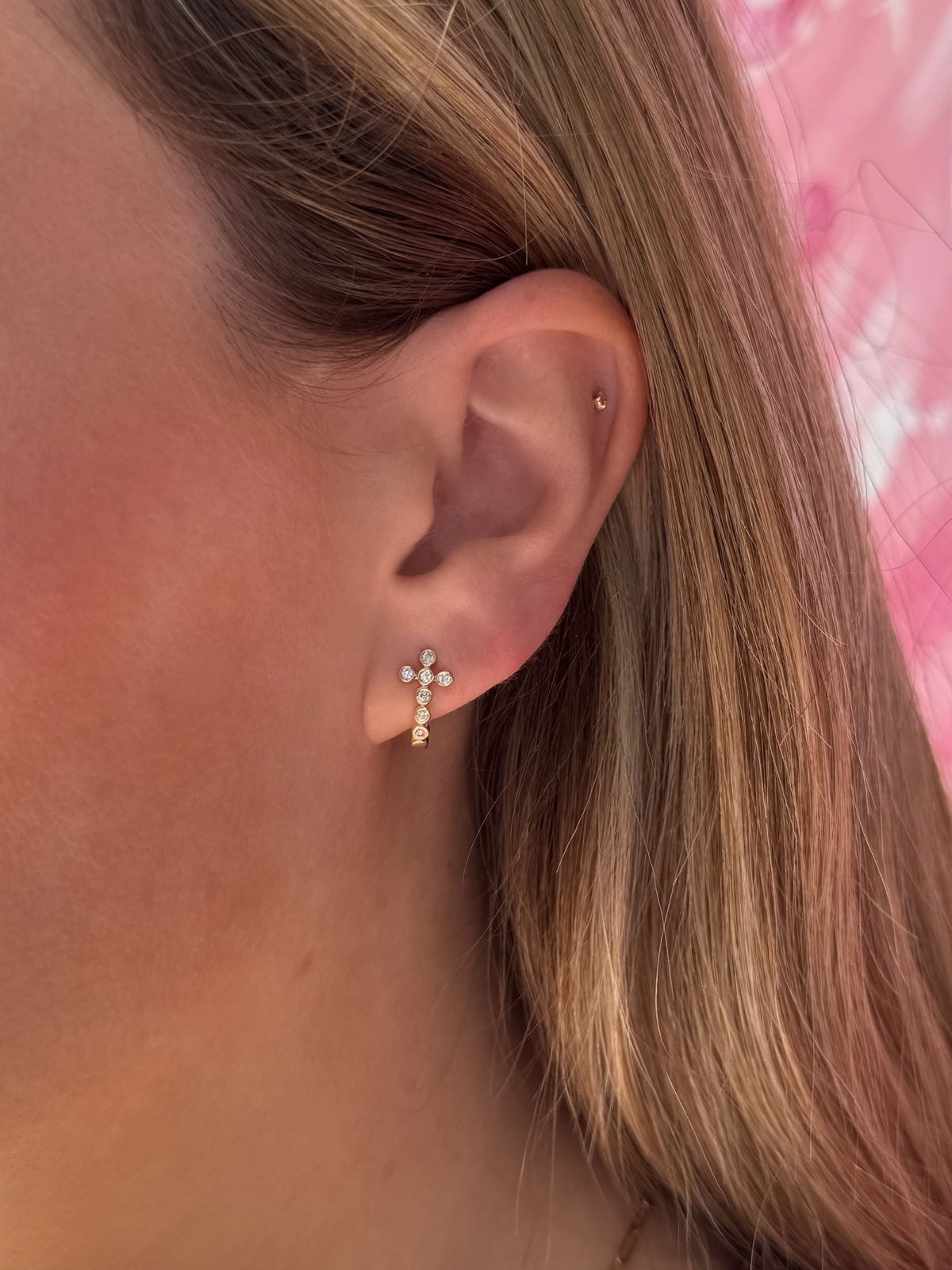 Bezel Cross Huggie Earrings 14K