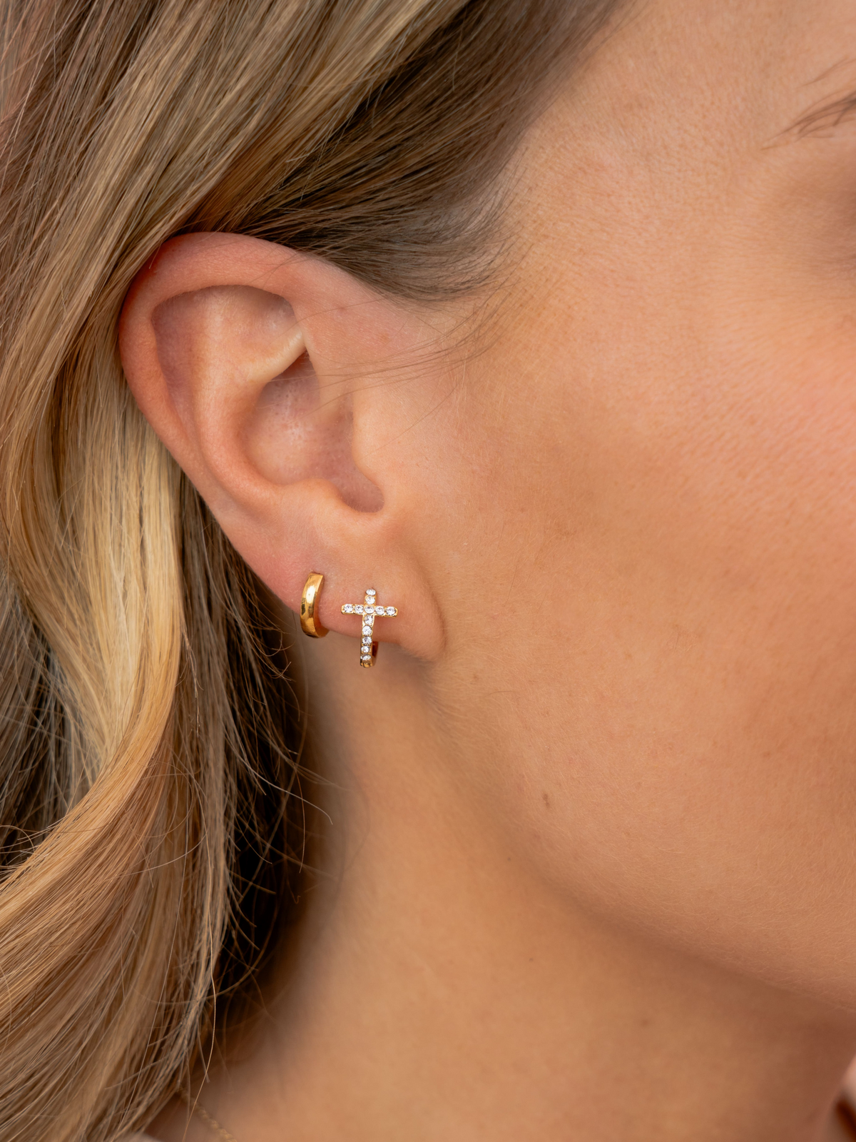 Cross CZ Huggie Earrings