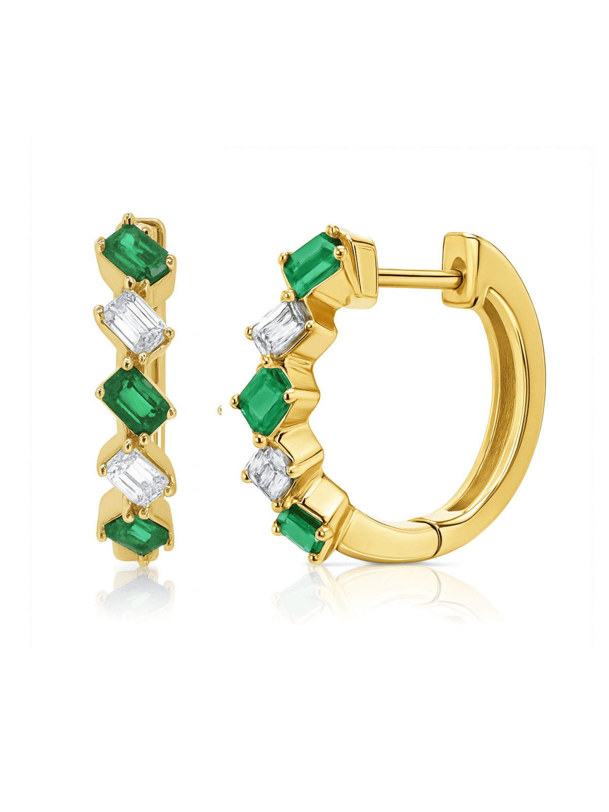 Elizabeth Emerald and Diamond Huggie Earrings 14K