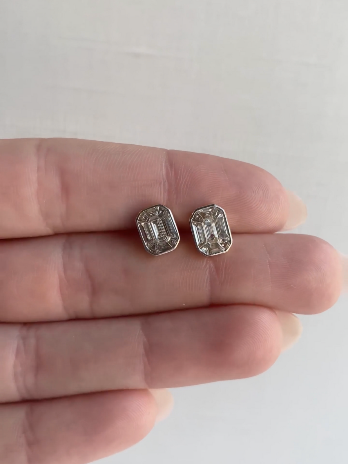 Emerald Cut Illusion Diamond Stud Earrings 14K