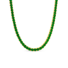 Green gemstone necklace with gold chain on a white background