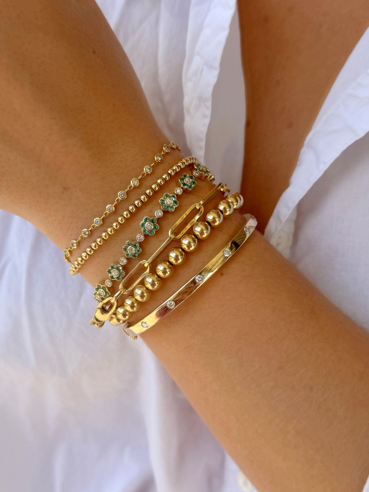 Flower Tennis Bracelet - Emerald 14K
