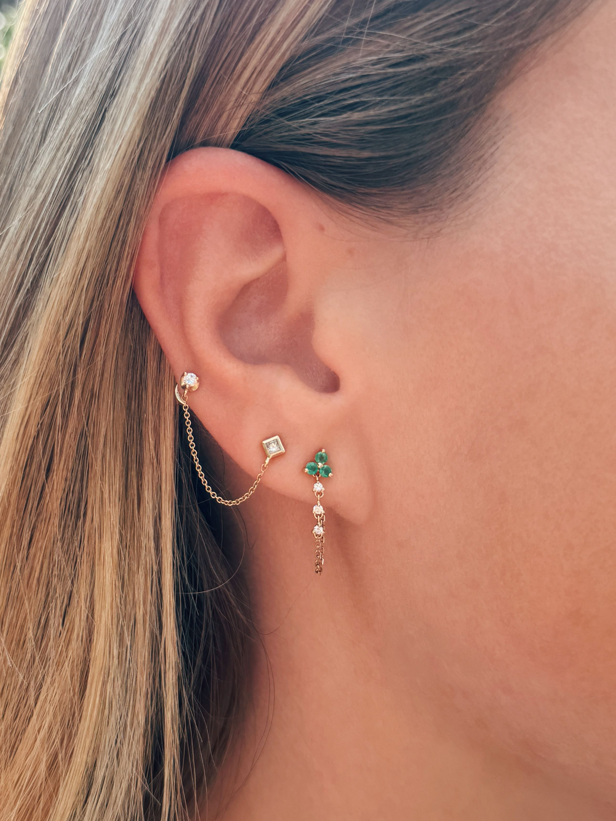 Tory Trio Chain Earrings Emerald 14K LeMel – LeMel - Main Image