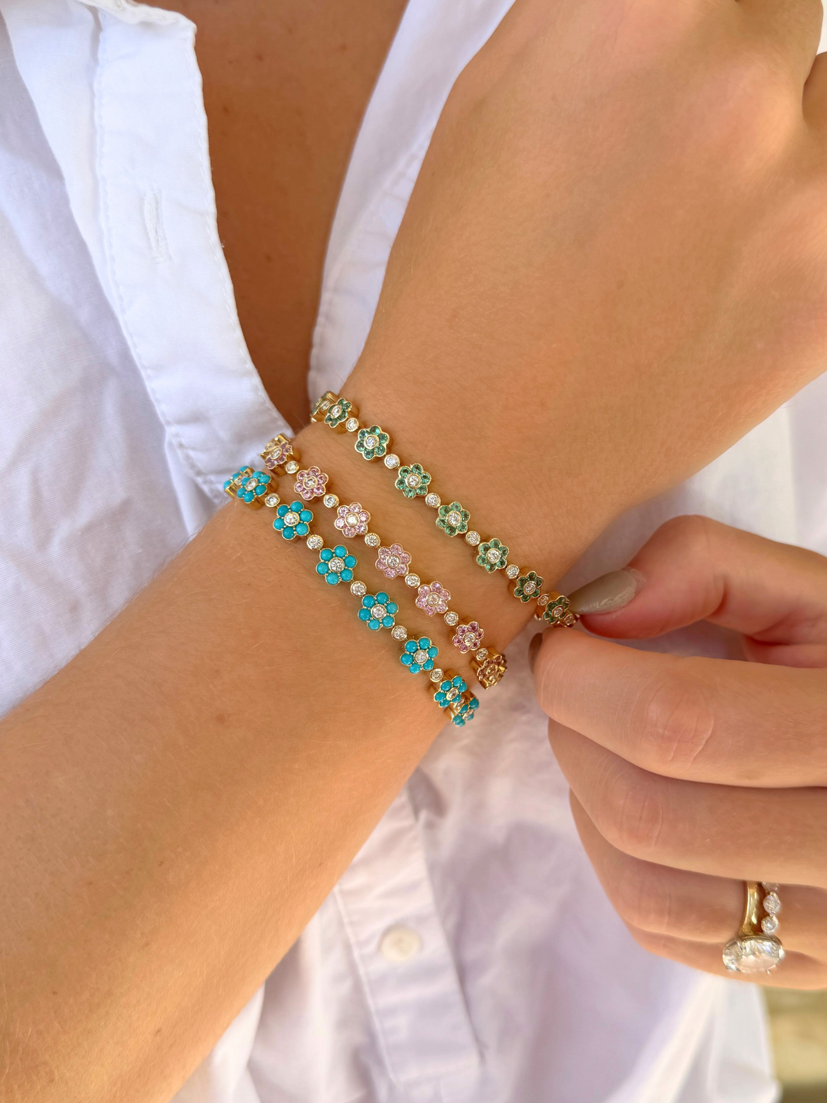 Flower Tennis Bracelet - Pink Sapphire 14K