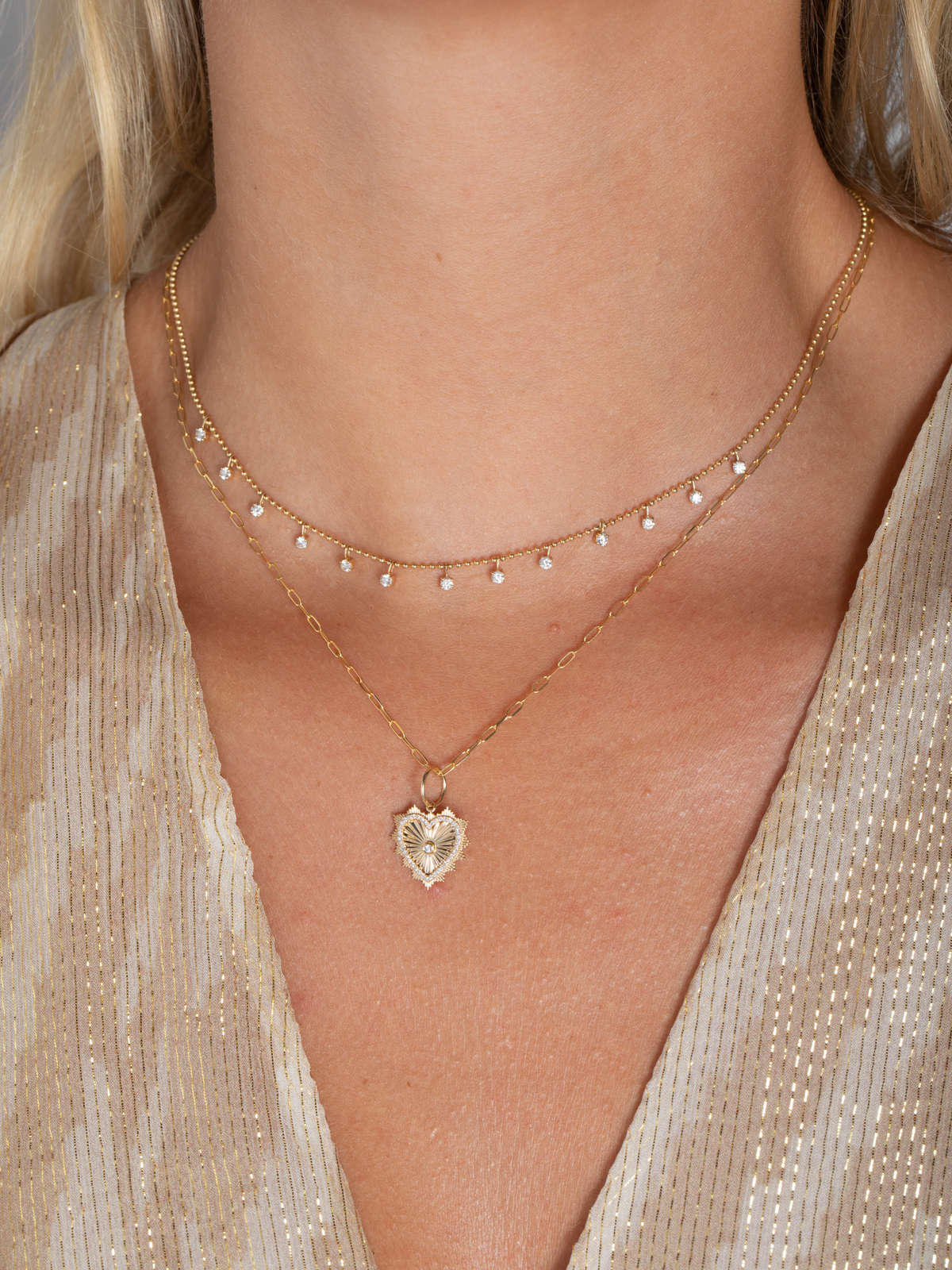 Fluted Diamond Heart Charm Necklace 14K