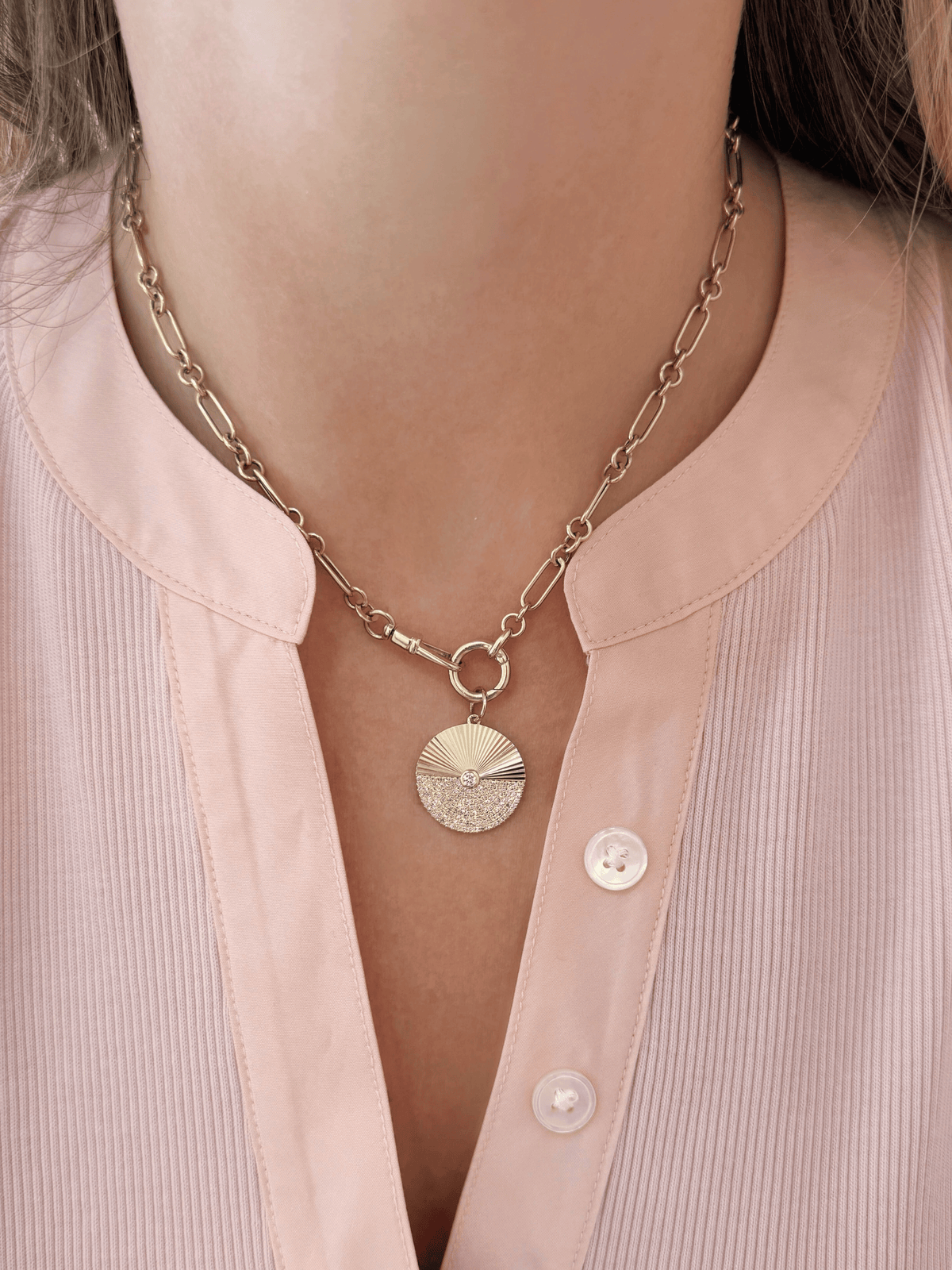 Half & Half Diamond Disc Pendant Necklace 14K