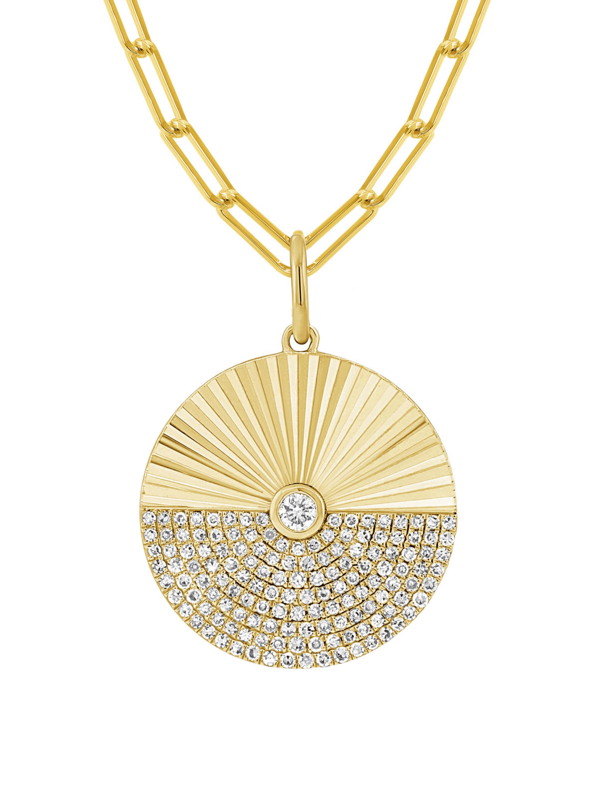 Half & Half Diamond Disc Pendant Necklace 14K