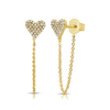 Heart-shaped gold earrings with chain details on a white background