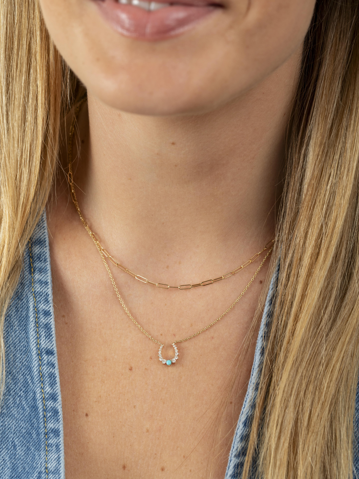 Horse Shoe Turquoise and Diamond Necklace 14K
