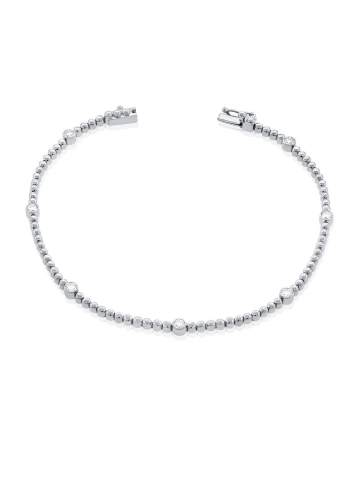 white gold beaded bracelet with bezel diamonds with white background