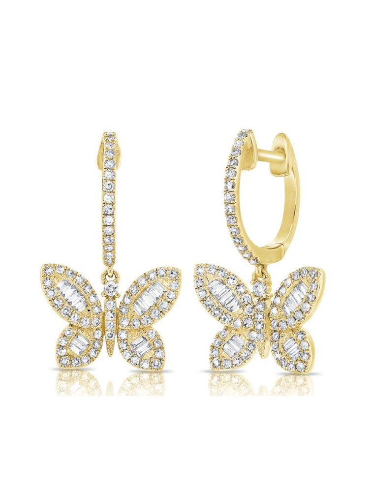 Baguette Butterfly Diamond Huggie Earrings 14K