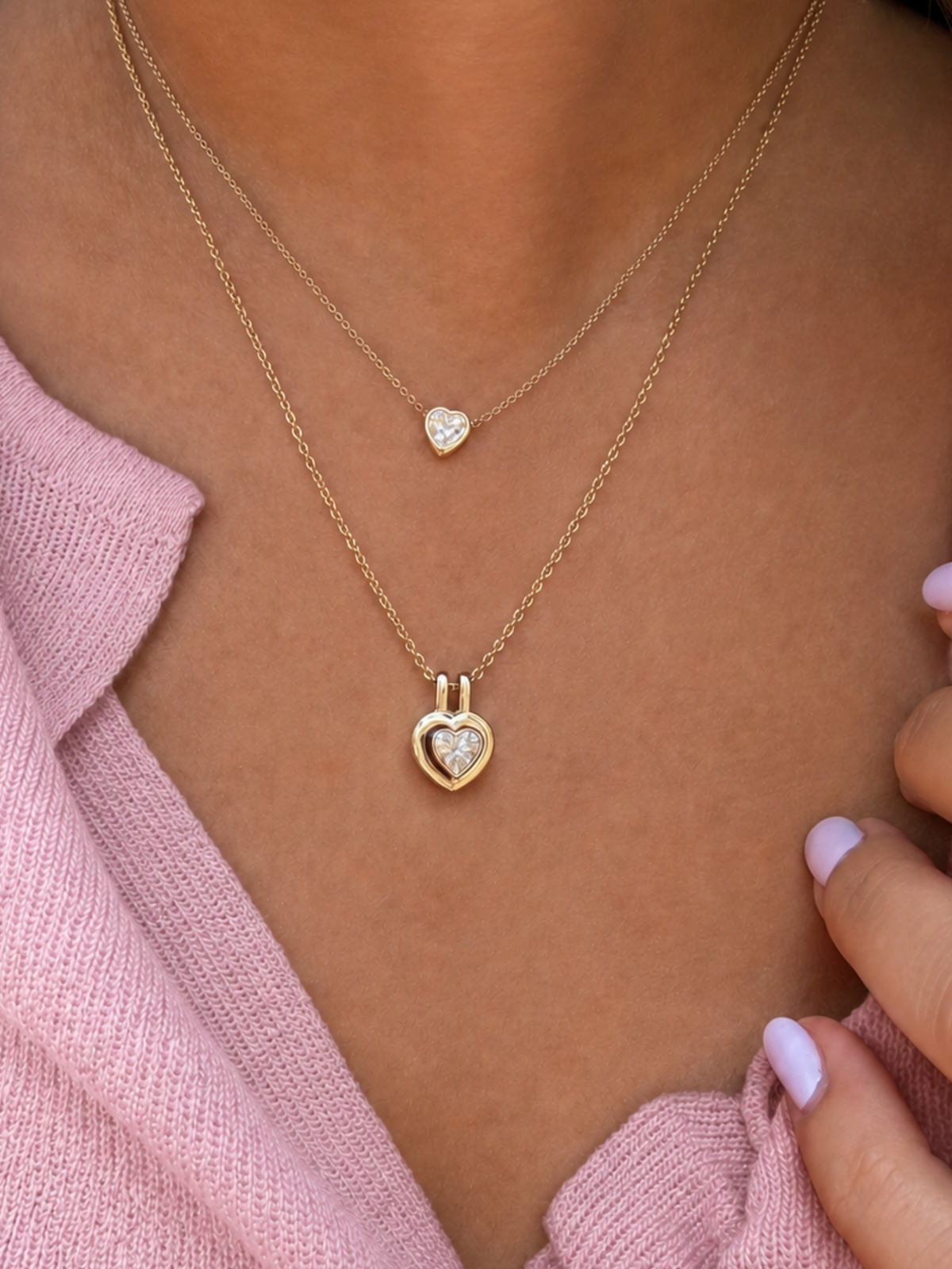 Heart-Cut Diamond Double Bezel Pendant Necklace 14K