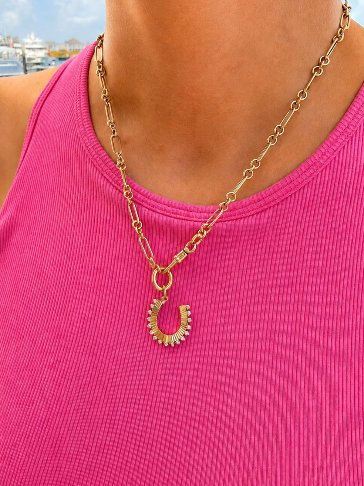 Horse Shoe Diamond Pendant Necklace 14K