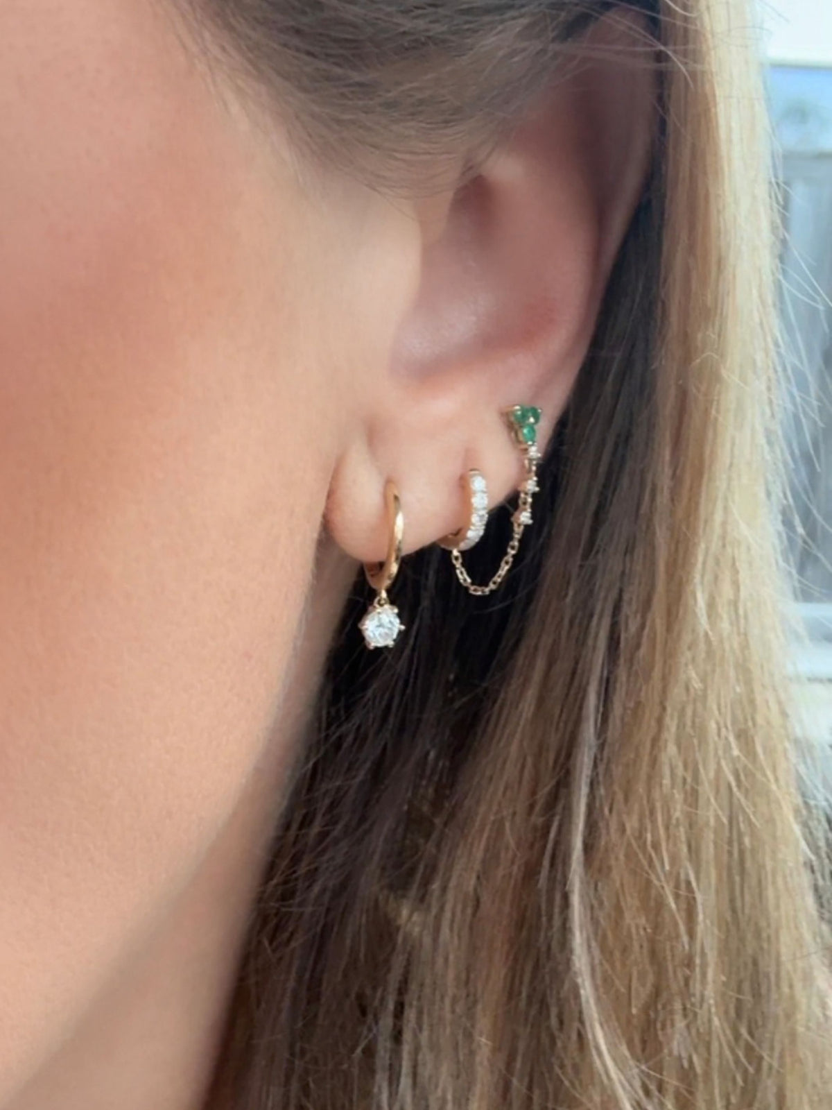 Tory Trio Chain Earrings - Emerald 14K