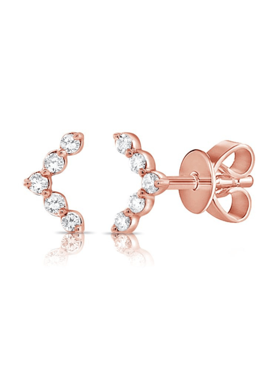 V earrings with diamonds and 14K rose gold on white background