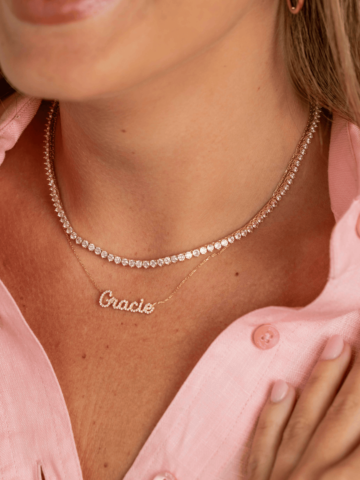 name necklace layered with cz tennis necklace