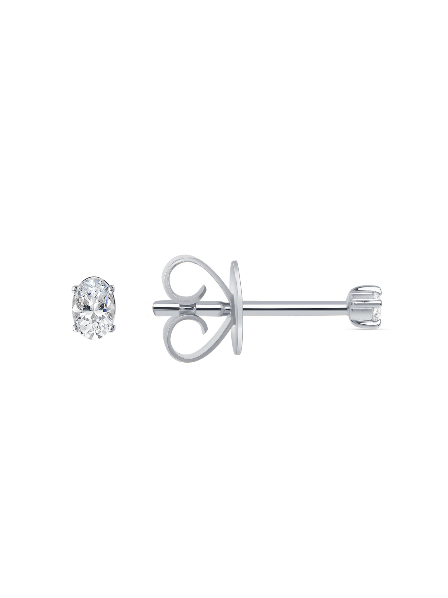 Oval diamond stud earrings white gold on a white background