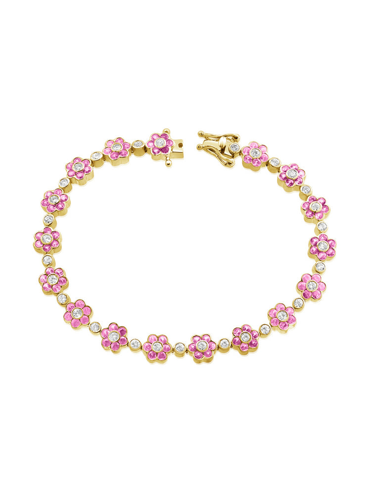 Flower Tennis Bracelet - Pink Sapphire 14K