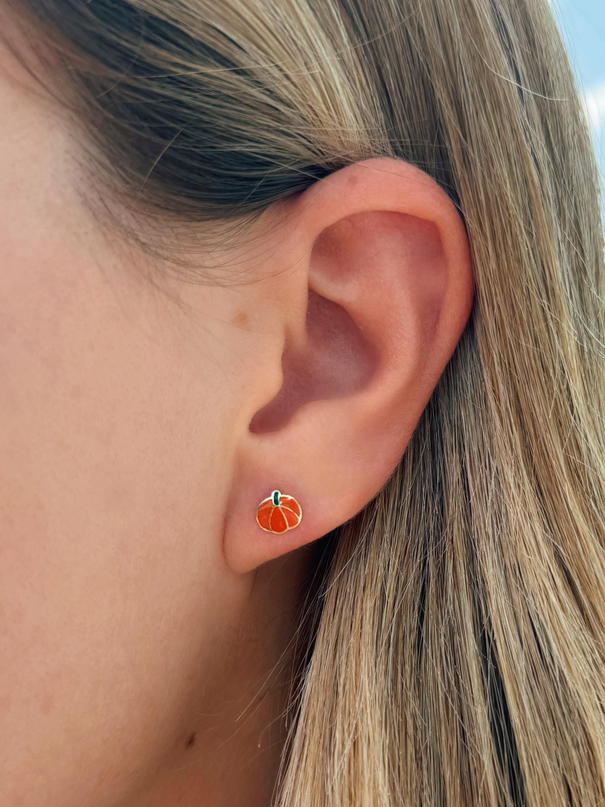 Kid Enamel Pumpkin Stud Earrings 14K