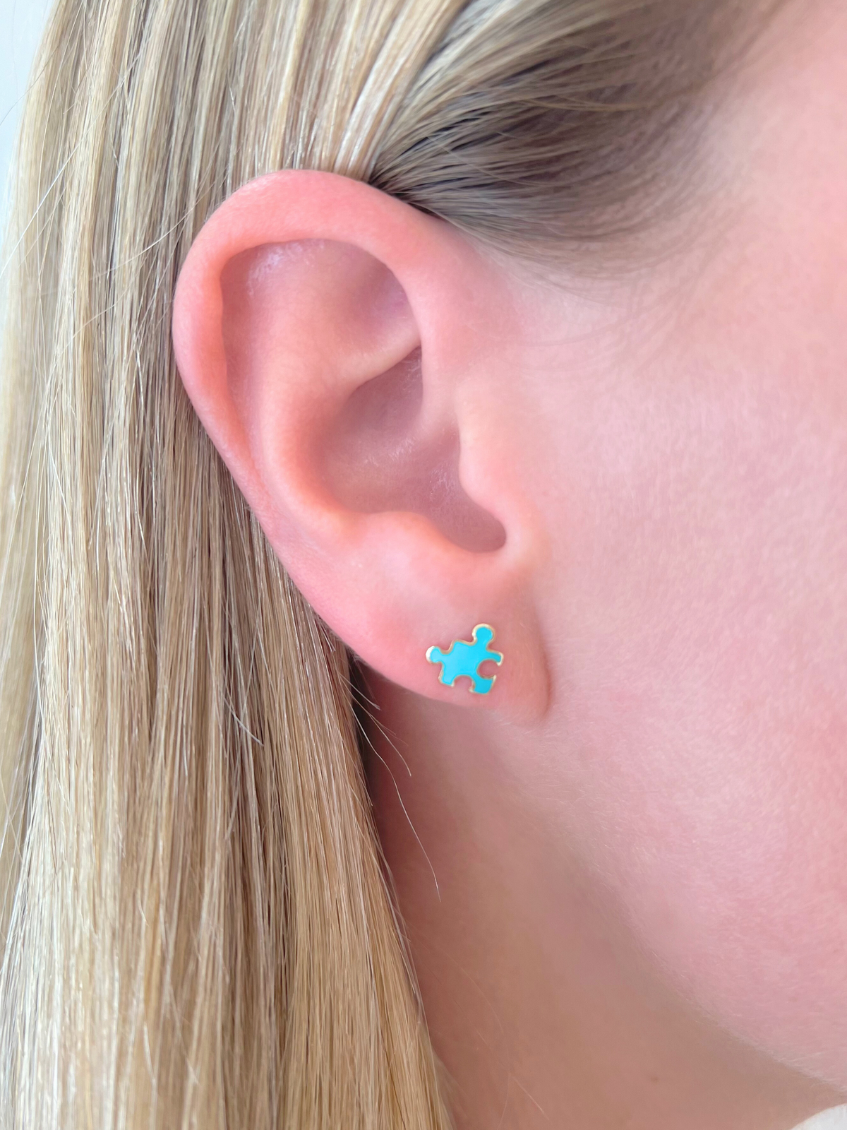 Kid Aqua Puzzle Piece Stud Earrings 14K