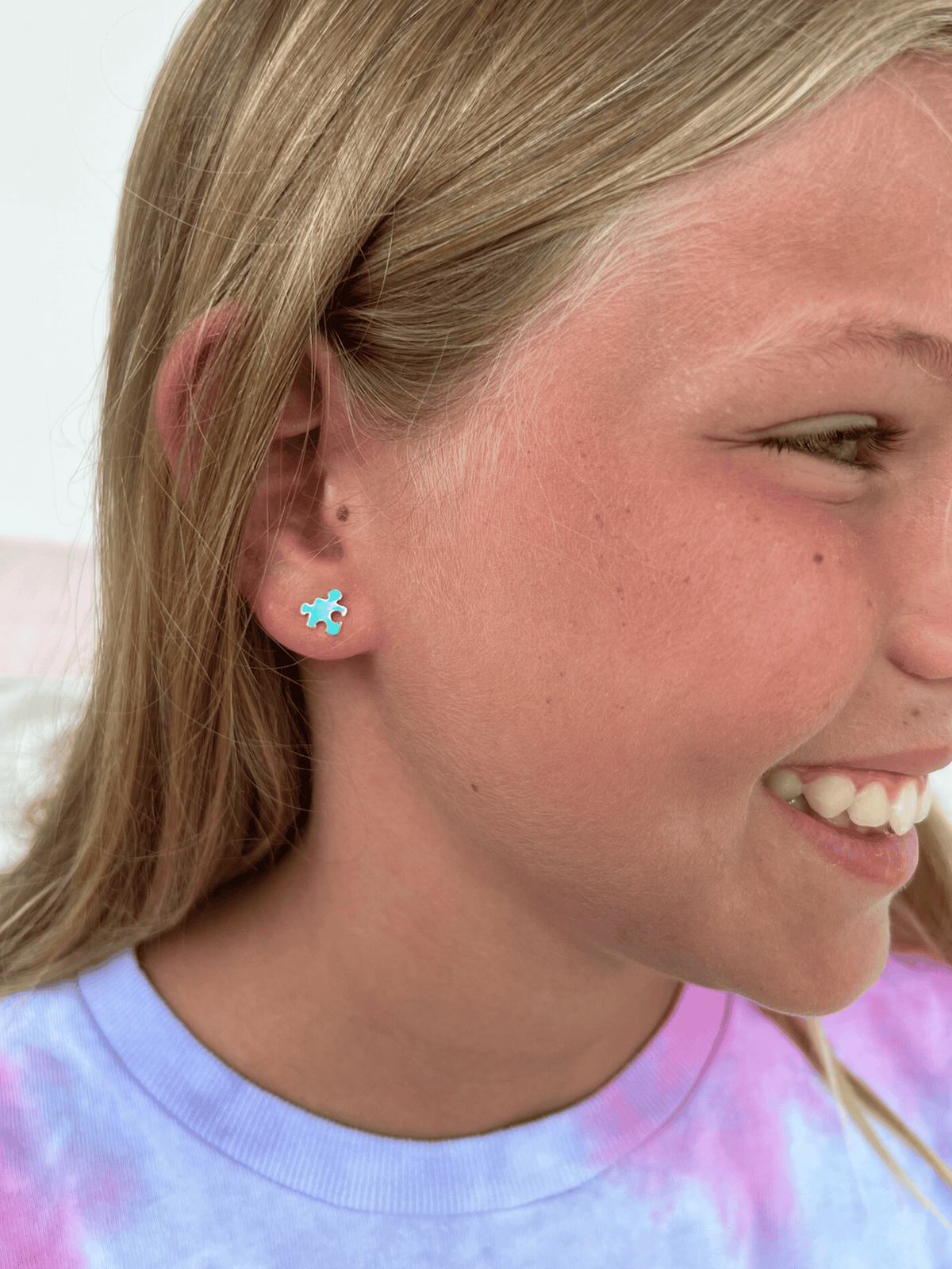 Kid Aqua Puzzle Piece Stud Earrings 14K