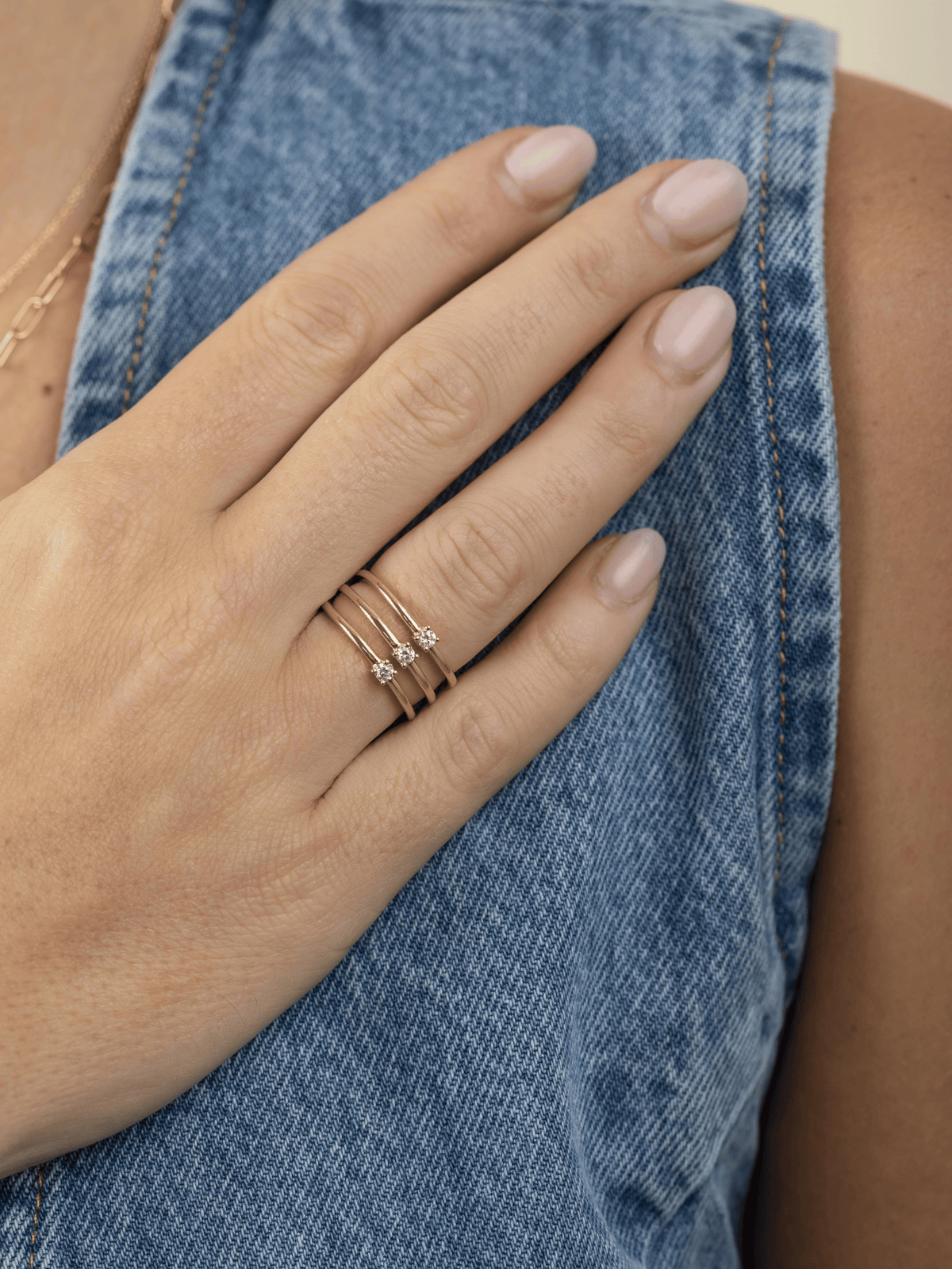 Triple Stacked Diamond Ring 14K LeMel White Gold 4
