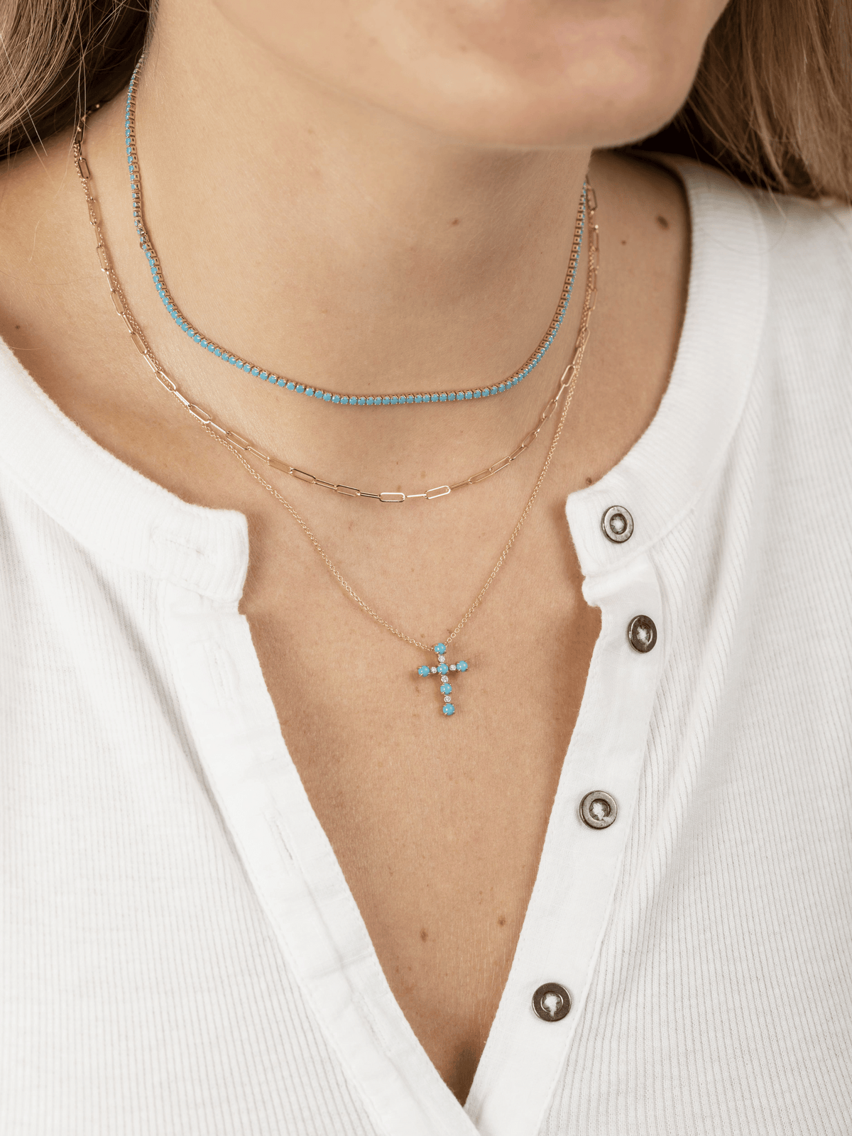 Turquoise and Diamond Cross Necklace 14K