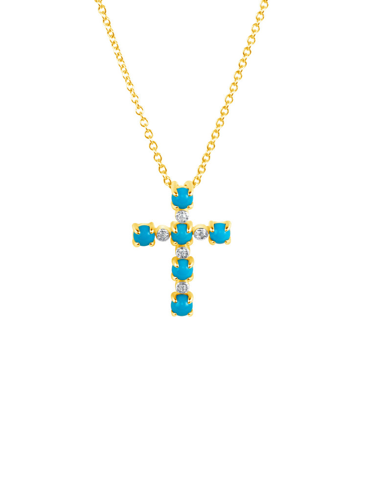 Turquoise and Diamond Cross Necklace 14K