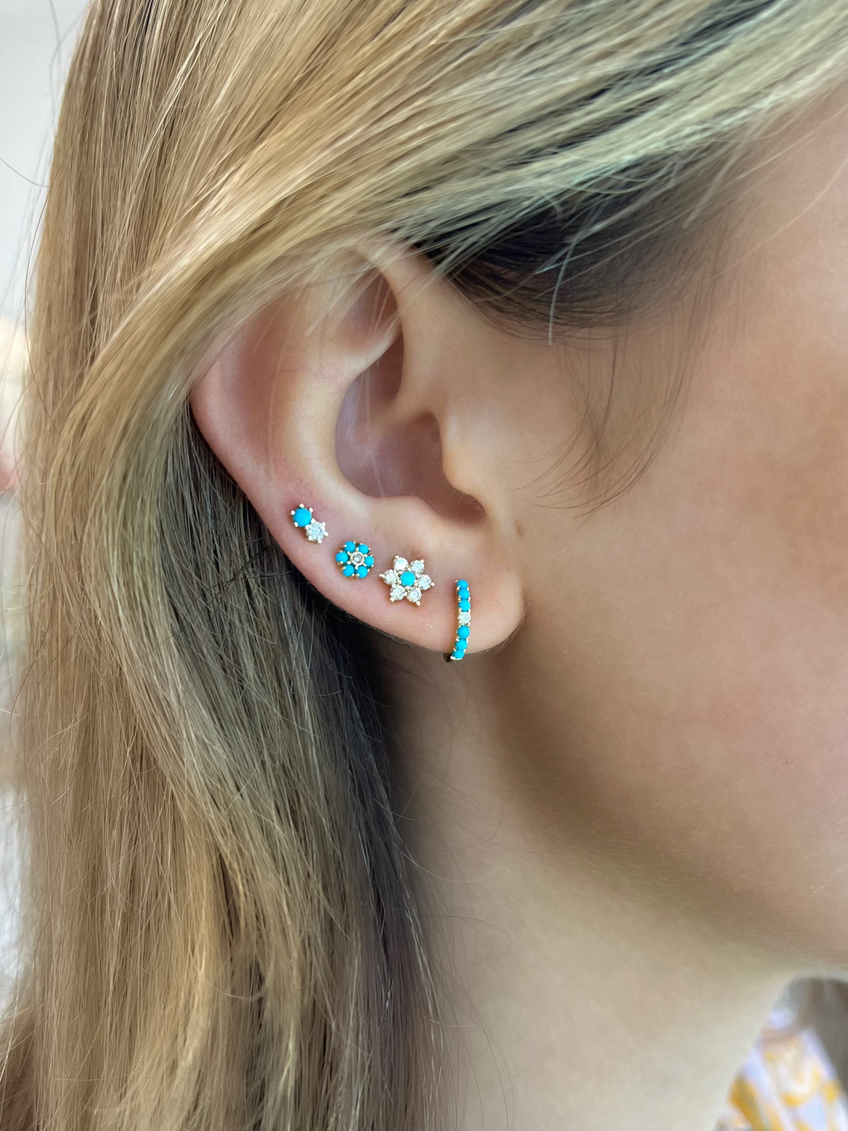 Mini Turquoise and Diamond Huggie Earrings 14K