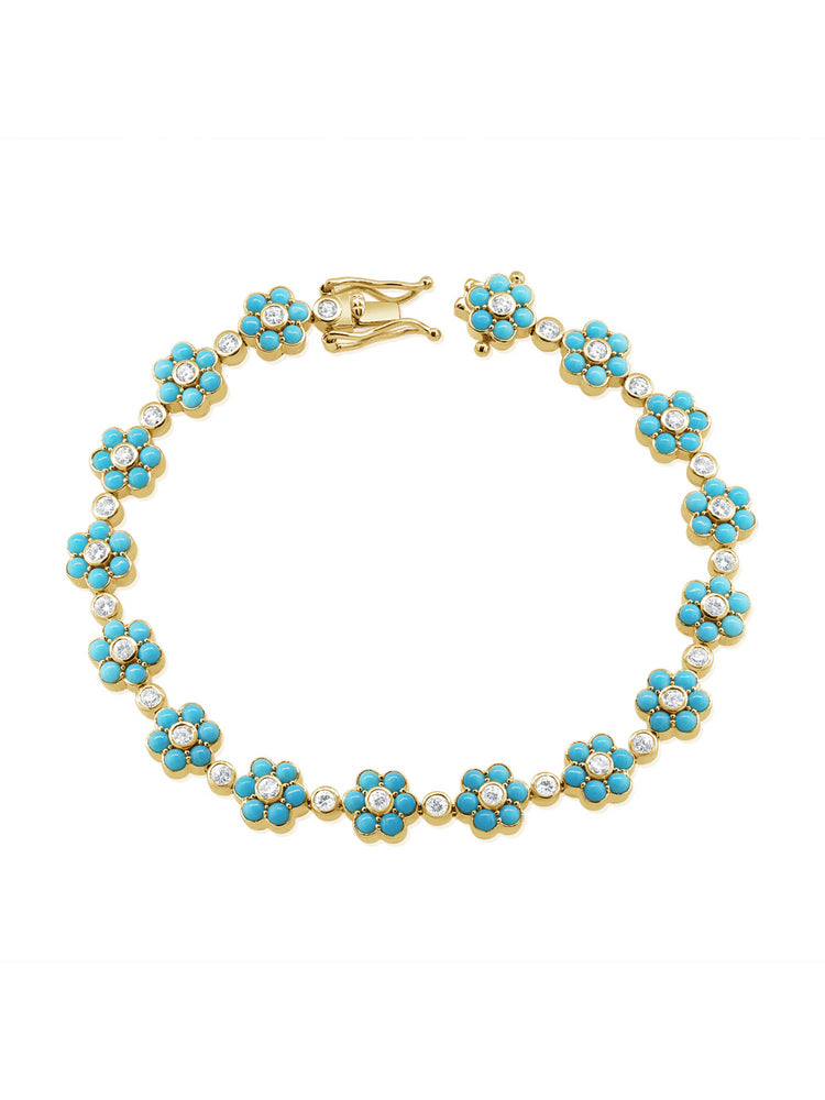Flower Tennis Bracelet - Turquoise 14K