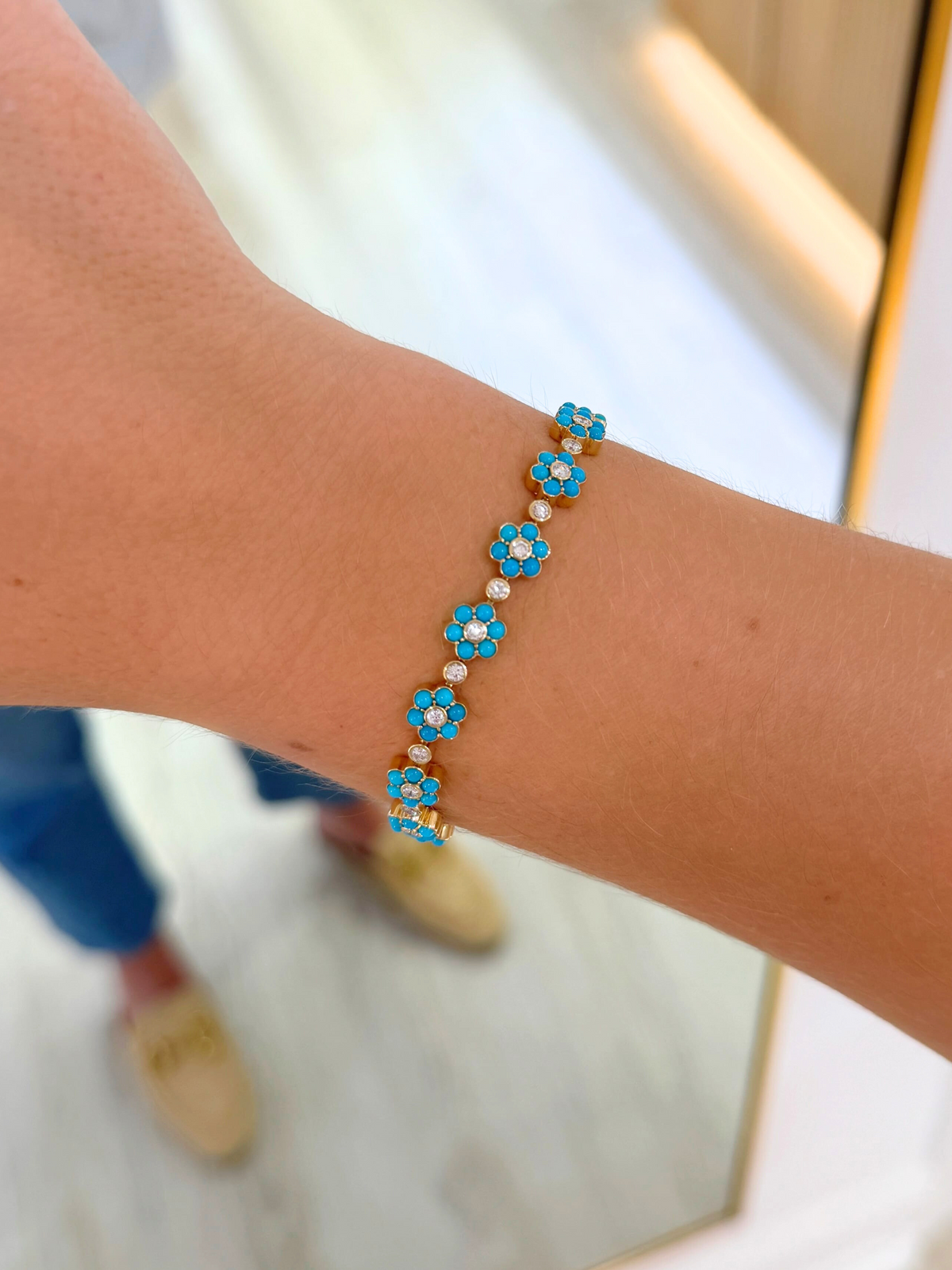 Flower Tennis Bracelet - Turquoise 14K