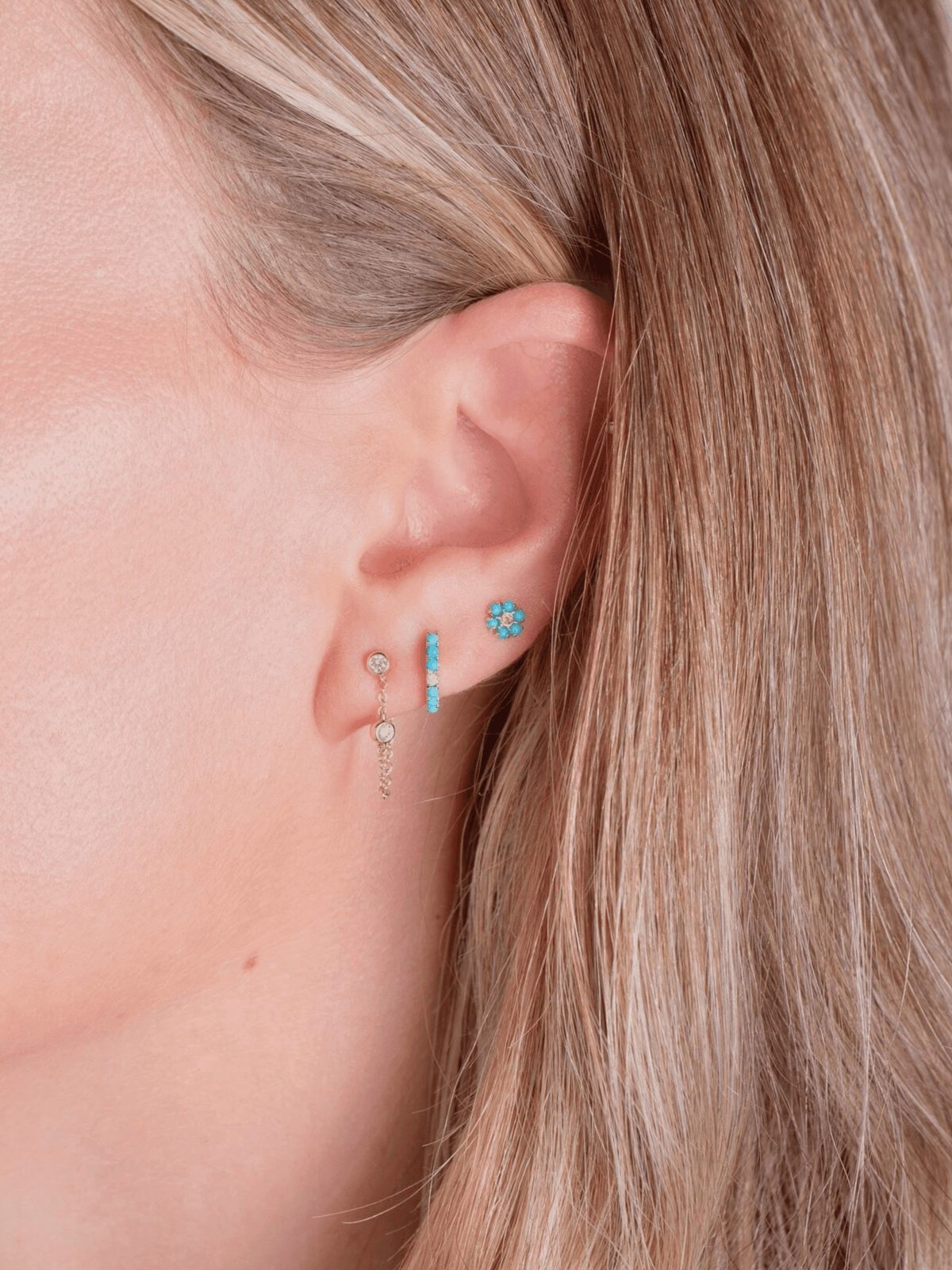 Mini Turquoise Flower Stud Earrings 14K