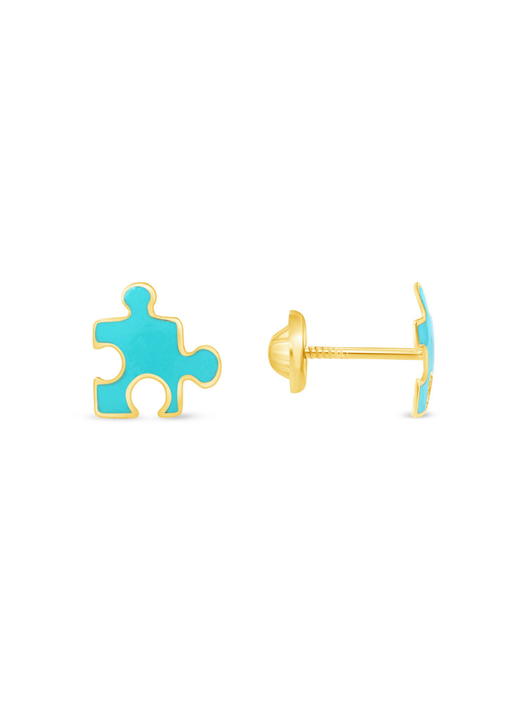 Kid Aqua Puzzle Piece Stud Earrings 14K