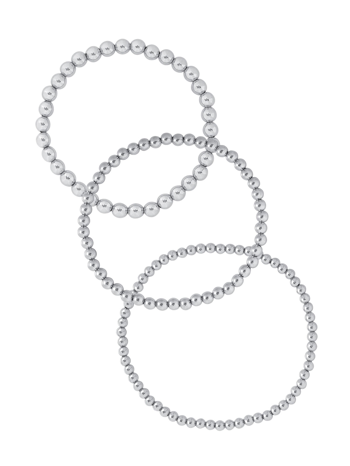 Silver stretch bracelet set 3mm, 4mm and 5mm on white background