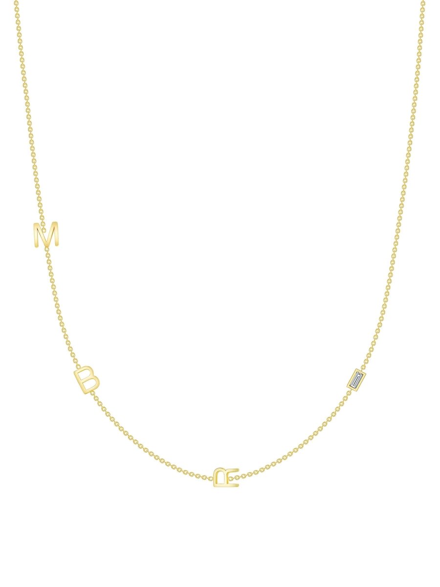 Dainty yellow gold chain necklace with three initials and baguette diamond
