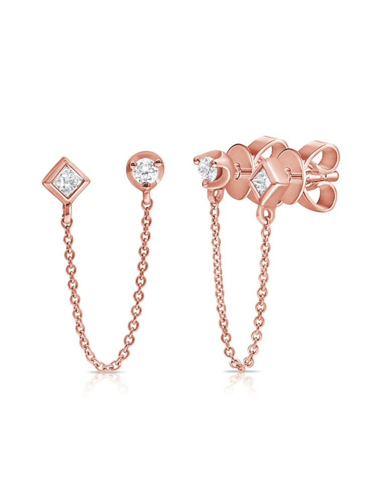 Double piercing earrings rose gold and diamond stud on white background