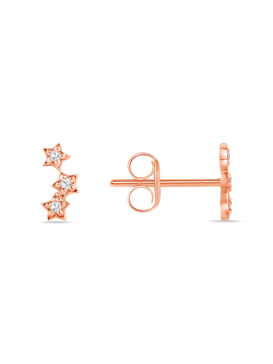 14K rose gold star stud earrings with diamonds on white background