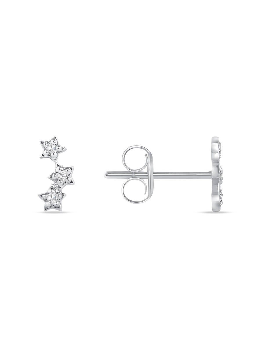14K white gold star stud earrings with diamonds on white background