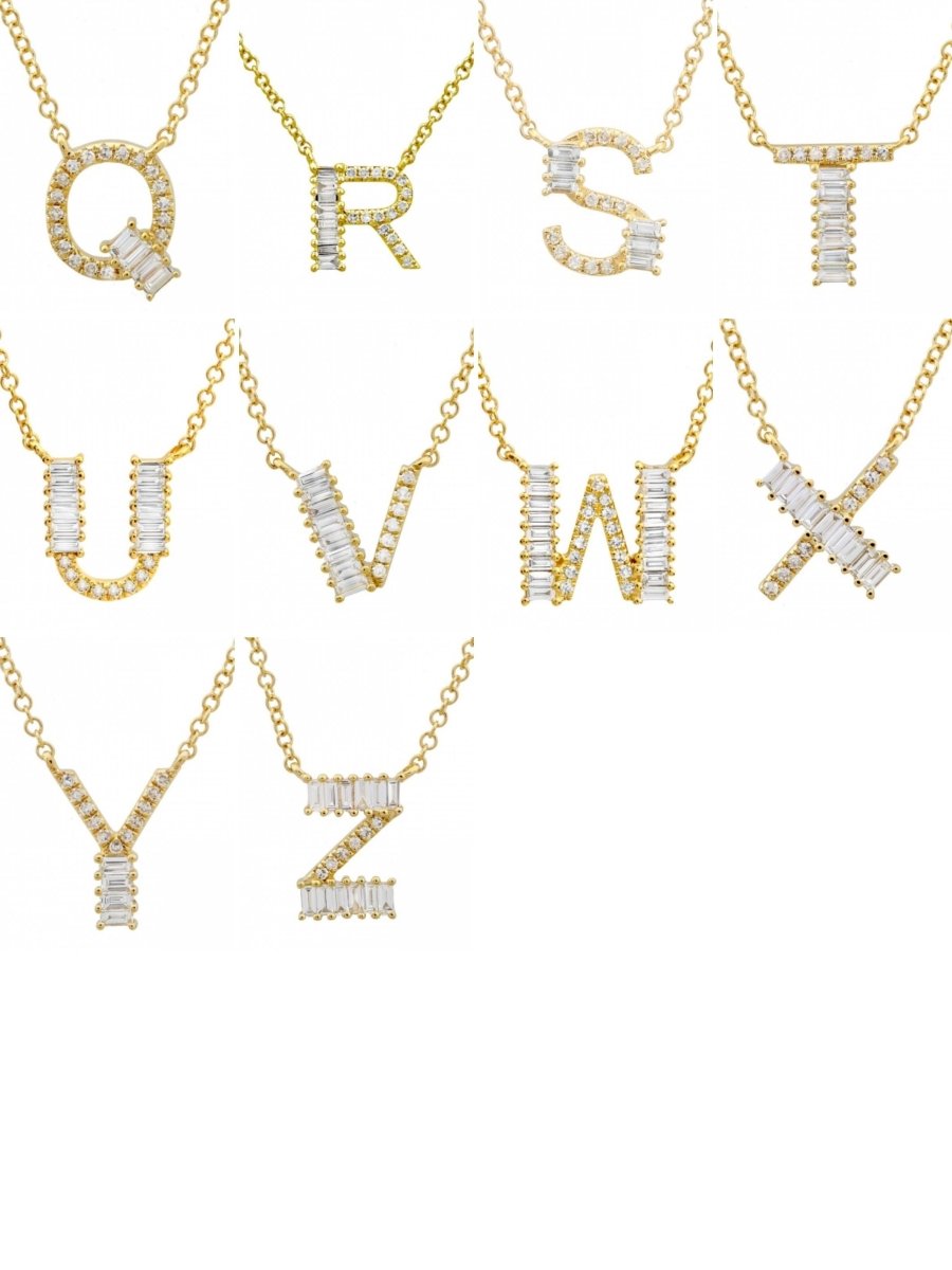 14K gold baguette diamond initial charm necklaces on dainty gold chains
