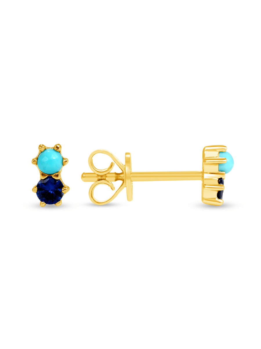Turquoise stud earrings with blue sapphires yellow gold on white background