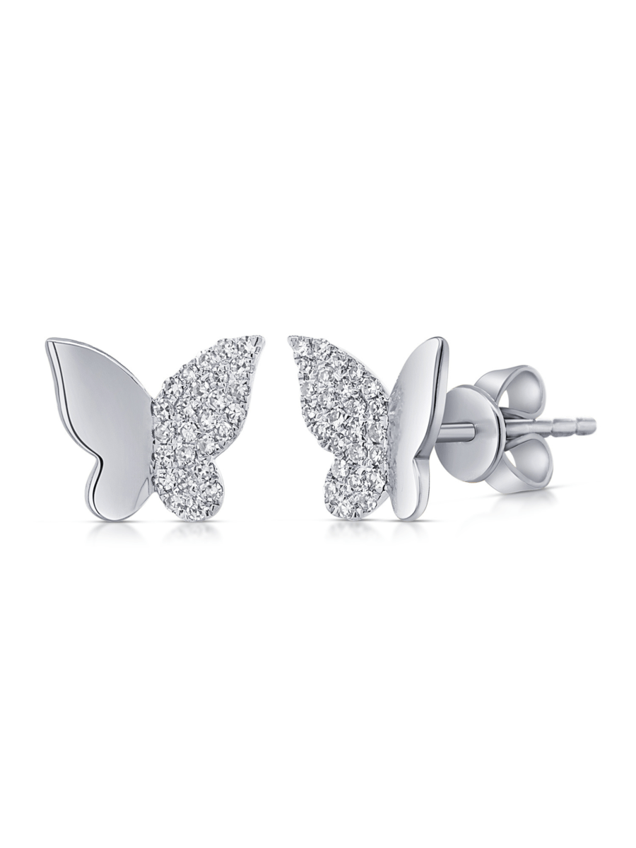 Pave butterfly earrings white gold on white background