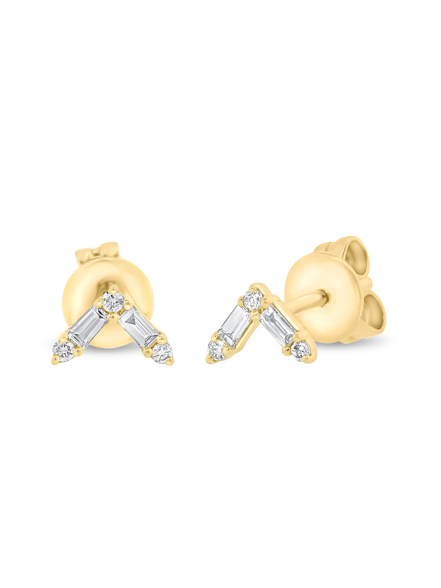 Chevron earrings with diamonds and 14K yellow gold on white background