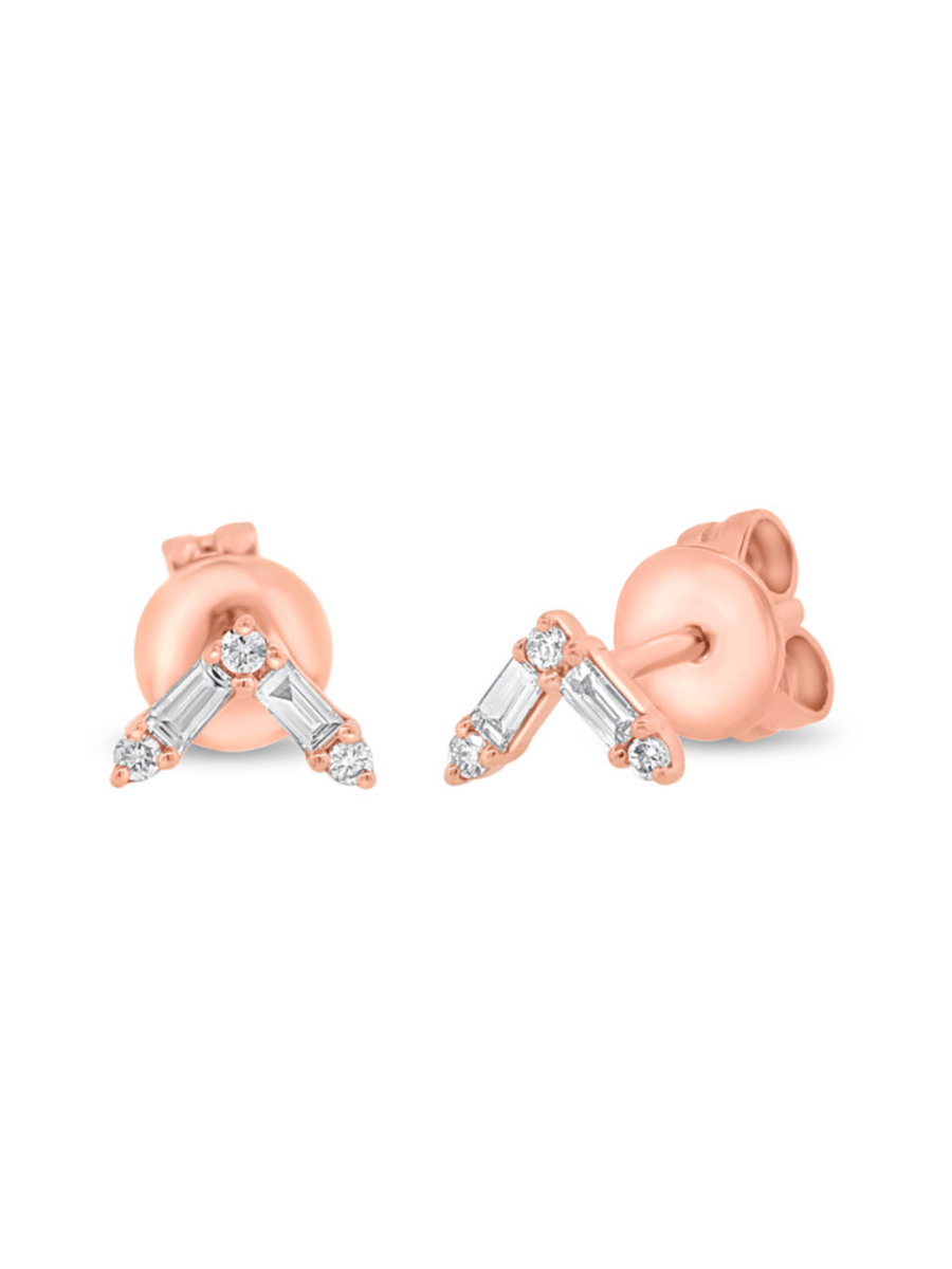Chevron earrings with diamonds and 14K rose gold on white background