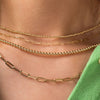 Gold choker necklaces layered with gold paperclip chains